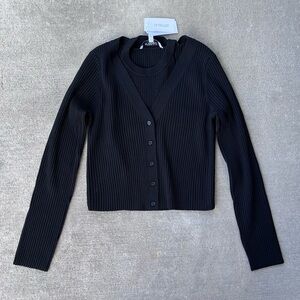 Derek Lam 10 Crosby black knit ribbed long sleeve tank top sweater set cardigan